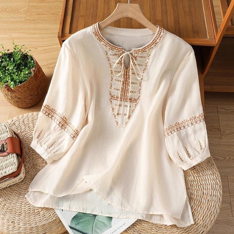 Blus Wanita Katun Linen Berkualitas Tinggi Kemeja Katun Linen Bordir Pullover Lengan Tiga Perempat