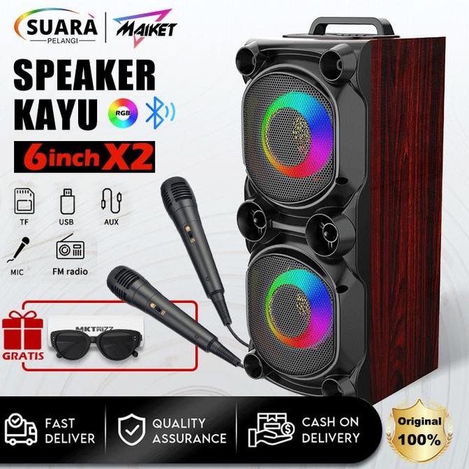 MAIKET Speaker kayu Bluetooth 12-inch Karaoke Besar Wooden Dual 6-inch subwoofer PREMIUM BASS Speake