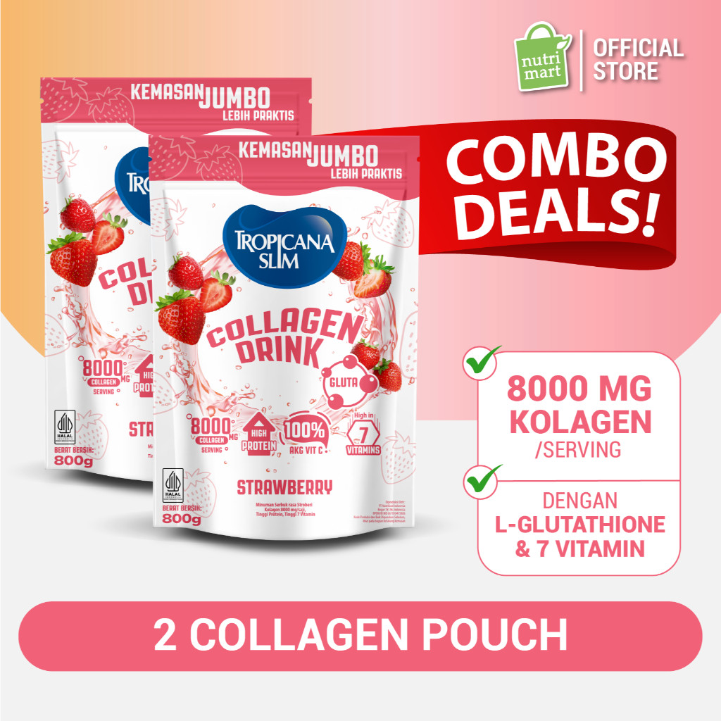 Twin Pack - Tropicana Slim Collagen Drink Strawberry 800g dengan Glutation - Kolagen Bebas Gula Kuli