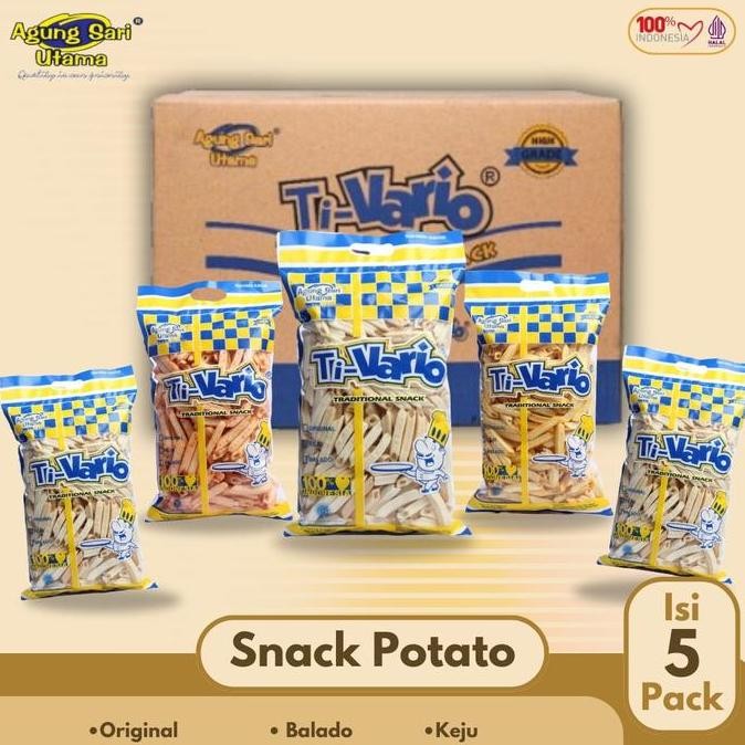

TI-VARIO SNACK KENTANG PREMIUM 1DUS ISI 5 -Murah - Viral - Renyah - Varian Rasa Original - Keju - Balado Crispy Camilan Potato