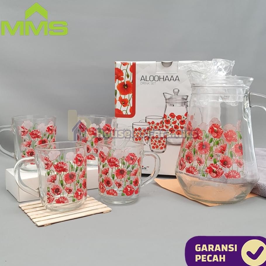 Mms 1 Set Drink Teko Cangkir Set Aloha Pitcher Set Beling Jug Drink Set 4 Gelas Gagang 1 Teko Blosso