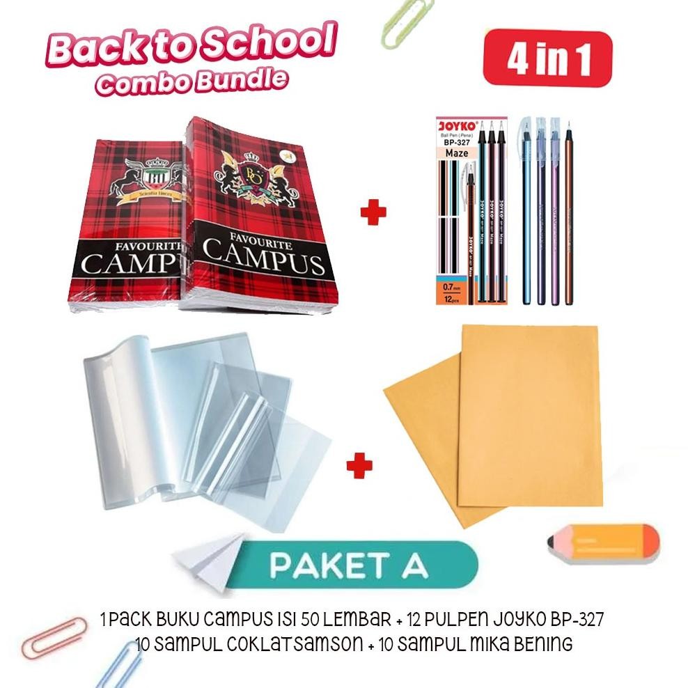 

Siap Kirim Paket Alat Tulis 4in1 BackToSchool Buku Tulis Pulpen Sampul Mika Set Lengkap