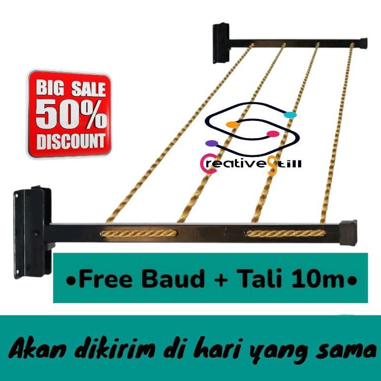 Jemuran Lipat Dinding + Tambang 10meter Alat Jemur loundry praktis free baud Nugi