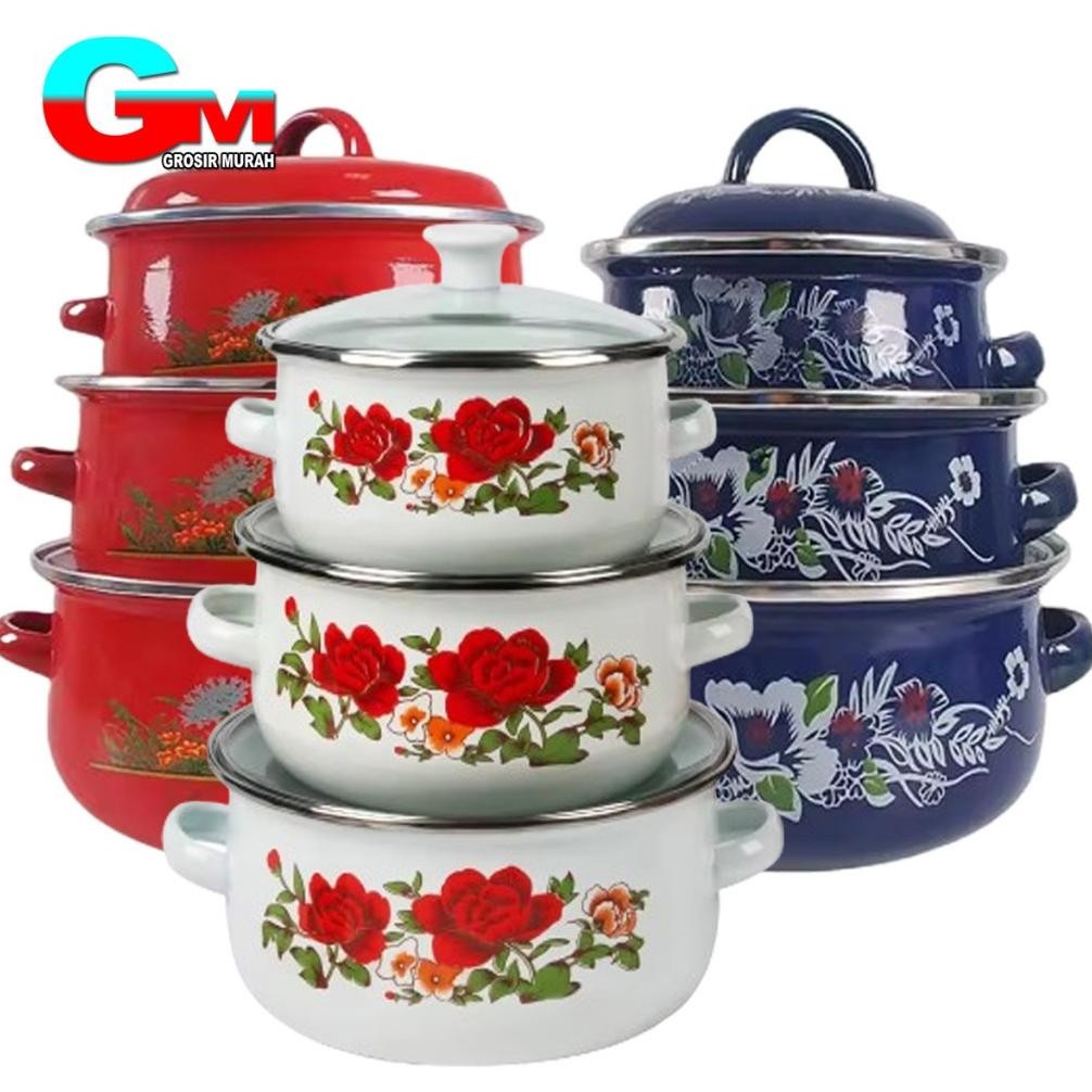 Panci Bunga Calypso 3 Susun / Panci Enamel Bunga Set 3pcs Nugi
