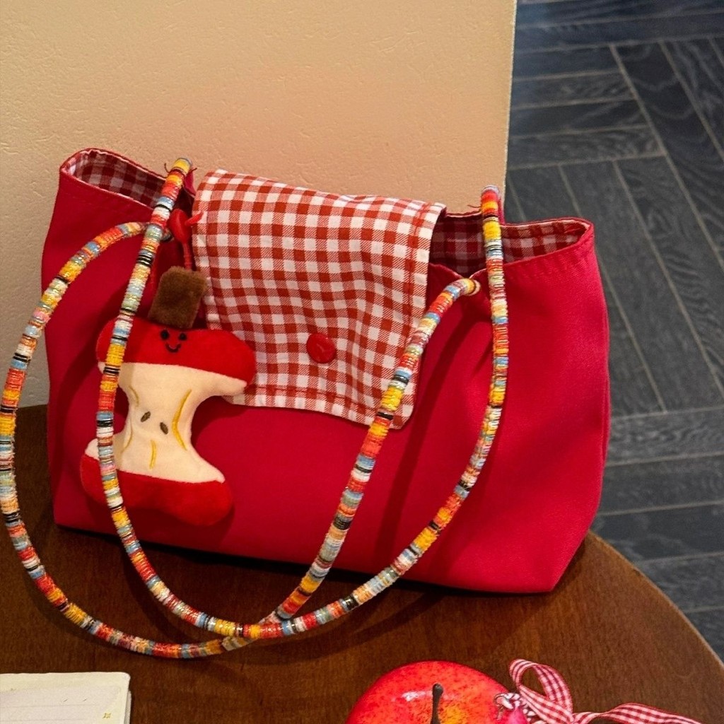 Y2.Morgan Tas Bahu Merah Korea Baru  Tas Kain Oxford Kotak-Kotak  Tas Jinjing Rekreasi Mahasiswa Ser