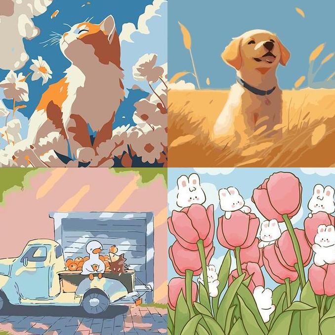 

20X20 Canvas Paint By Number Painting By Numbers Kit Diy Lukisan Seri Animal Anjing Kucing Bebek