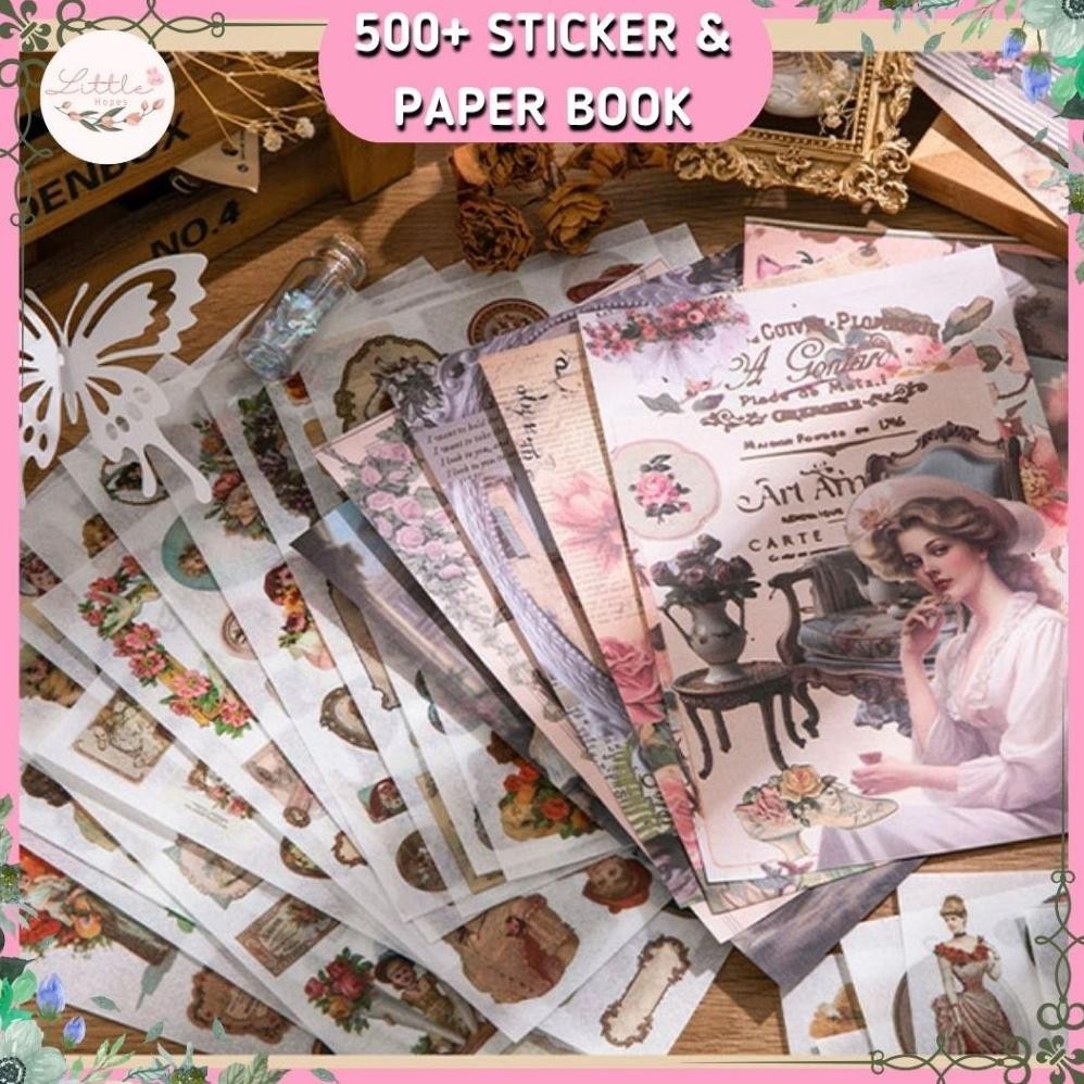 

Buku Sticker Dan Kertas 500+ Pcs Retro Vintage Journal Diary Deco Pack Paper Material Art COD Unik Nugi
