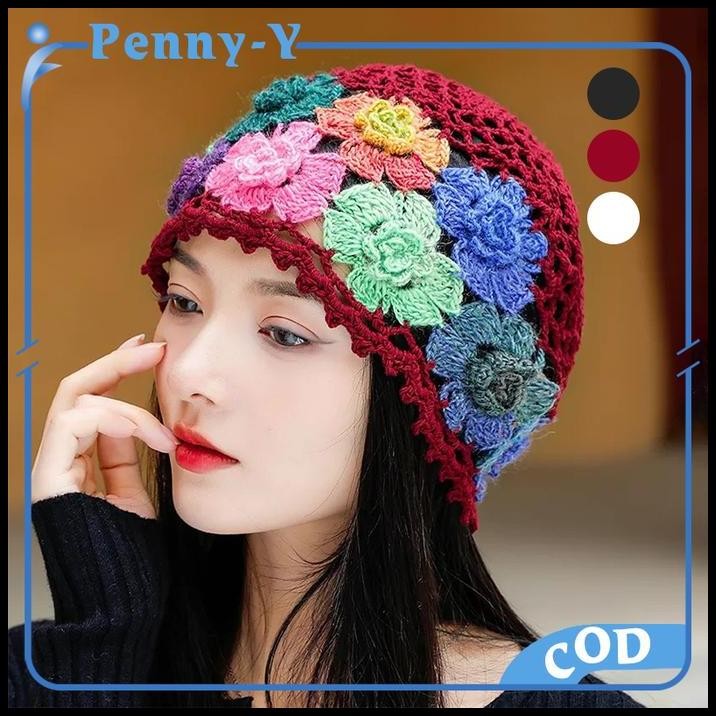 Topi Rajut Wanita Korea Kupluk Rajut Wanita Topi Rajut Handmade Topi Rajutan Flower Woolen Hat