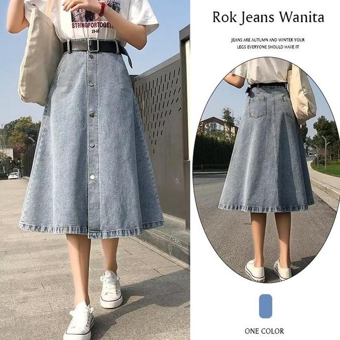 COD (Ready stok) rok kancing penuh rok korean style panjang 7/8 rok jeans wanita kancing depan rok j