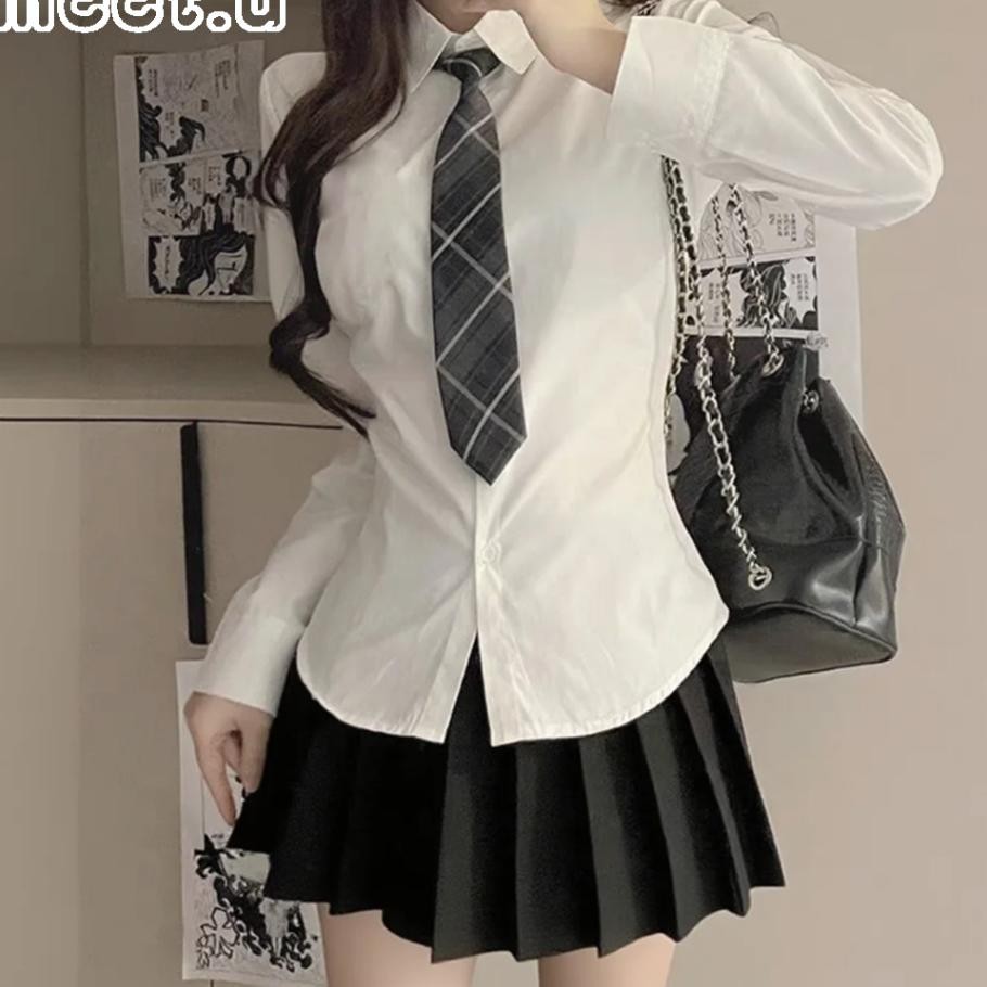 Meet.U Blus Wanita Lengan Panjang Putih Polos Kemeja Wanita Putih Gaya Korea