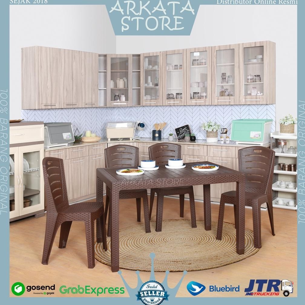 1 Set meja Makan Plastik 120 ODT-R + 4 Kursi Olymplast Rotan OL 203 208 Nugi