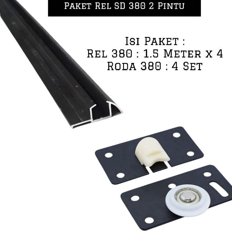 (2 Pintu) Paket 4 Rel Timbul 380 Lenaga 1.5 Meter + 4 Set roda SD 380 Pintu Lemari Sliding / Geser H