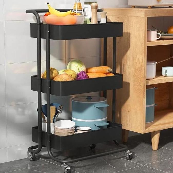Keranjang Minimalis Rak Roda Susun 3 Keranjang Troli Dapur Kamar Salon Meja Snack