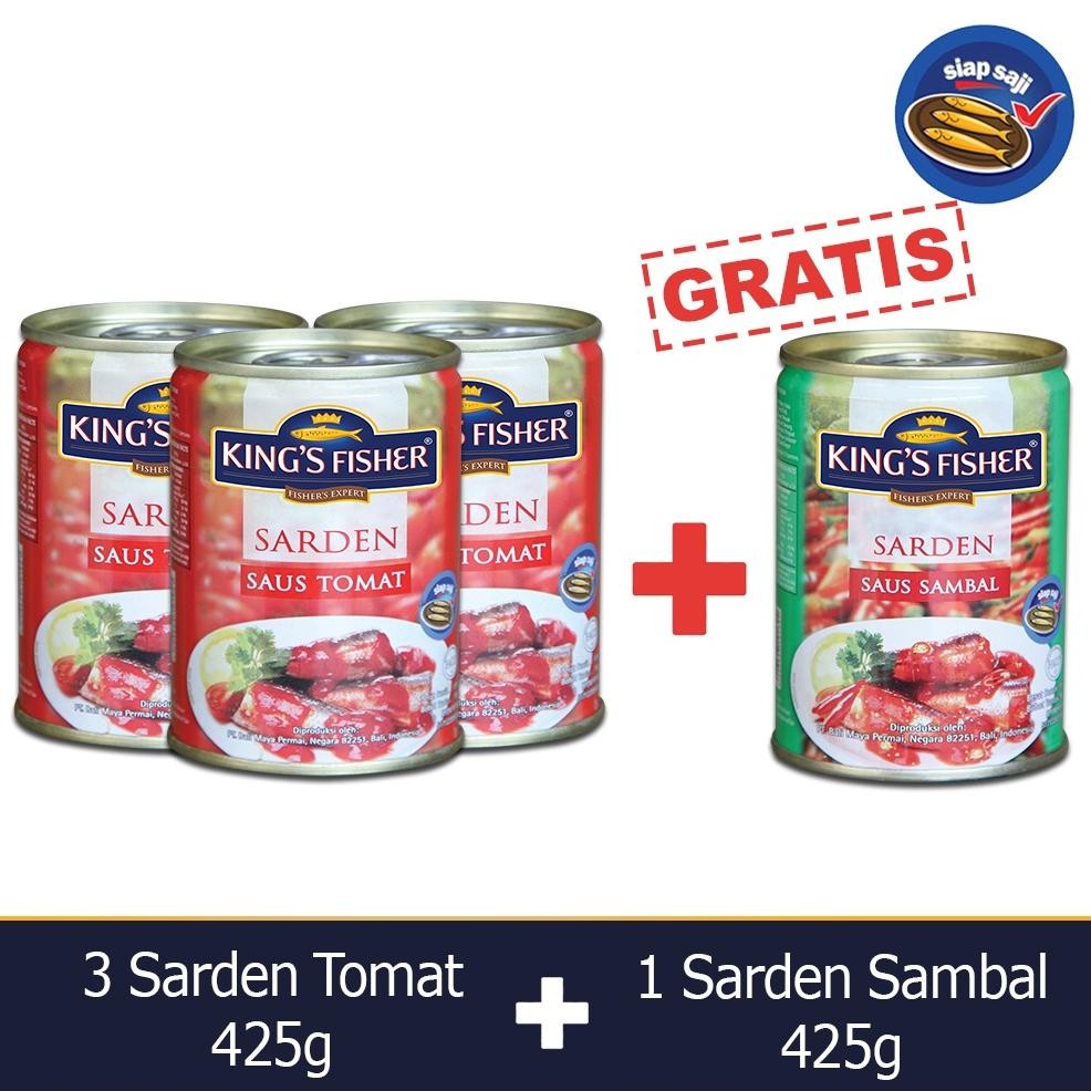 

NO_MORE King's Fisher Paket A 4 pcs Sarden saus Tomat Sambal 425g Makanan Kaleng