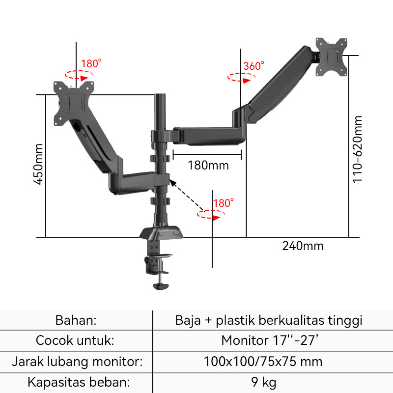 BRACKET MONITOR DESKMOUNT GAS SPRING/Bracket Monitor Dual Desktop Mount Bracket/ Adjustable Monitor