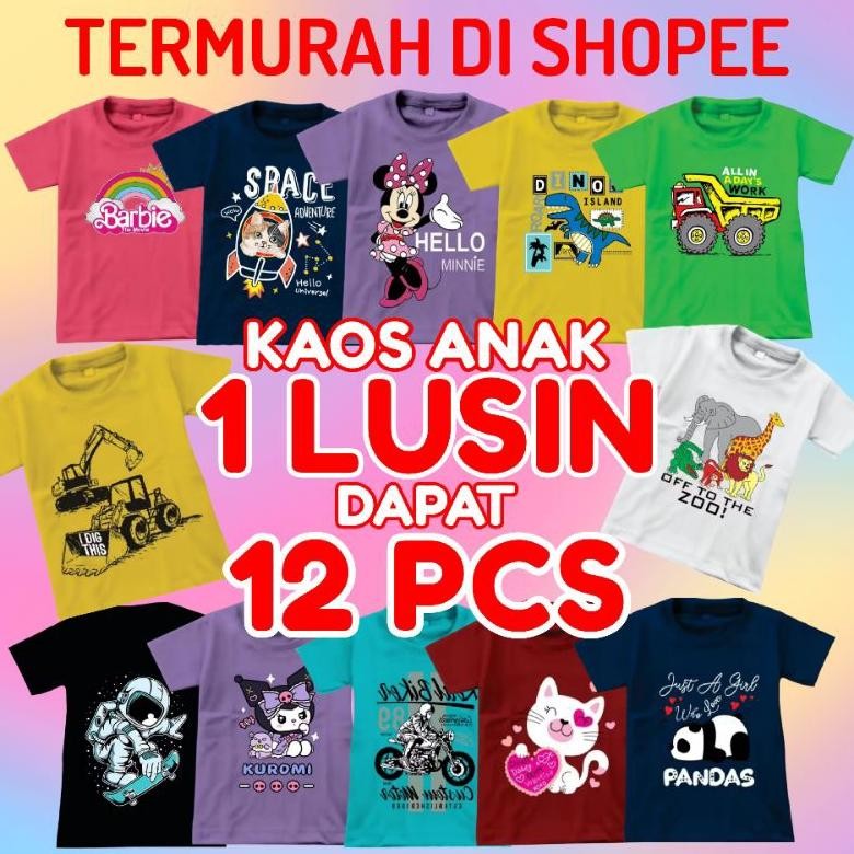 Kaos Anak 1 Lusin 12 Pcs Baju Anak Laki-Laki Perempuan