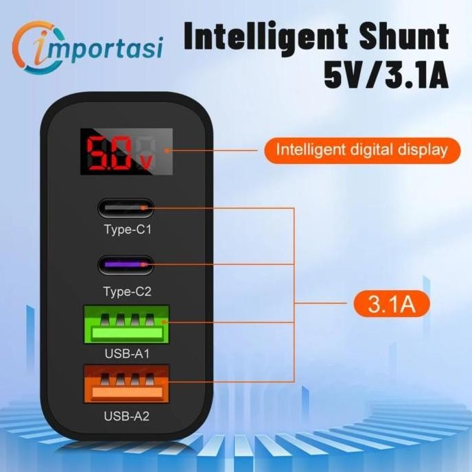 Kepala Charger Usb Type C 4 Port Fast Charging Qc3.0 Pd 45Wb Iphone - Hitam