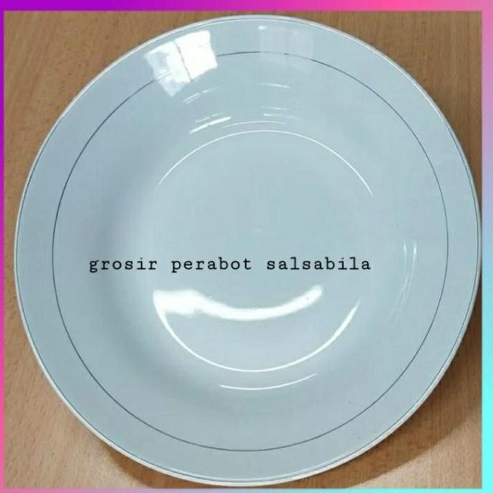 Piring makan kaca keramik beling putih lis emas ukuran 9 inch