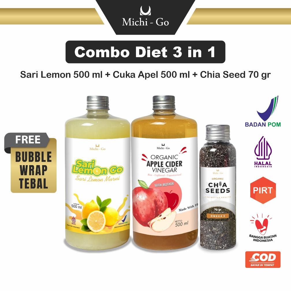 

Michigo - Paket Sehat Diet Hemat 3in1 - Sari Lemon 500ml, Cuka Apel 500ml, Chia Seed 70gr - Halal Dan BPOM aSt