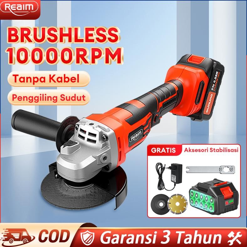 Reaim  2 Baterai Alat Mesin Angle Gerinda Baterai Cordless Brushless 4Inch 450W Grinder modern mesin
