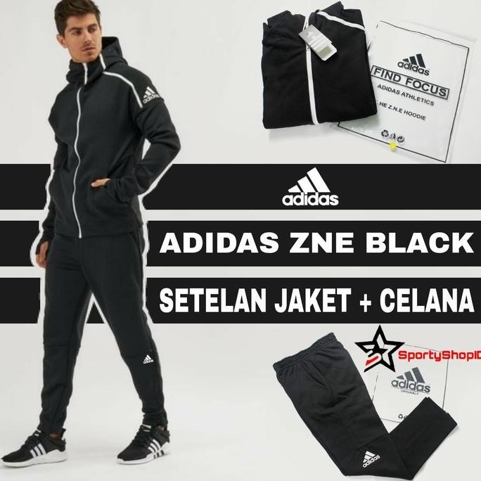 NEW SETELAN BAJU TRAINING OLAHRAGA PRIA JAKET + CELANA ADIDAS ZNE HITAM GO