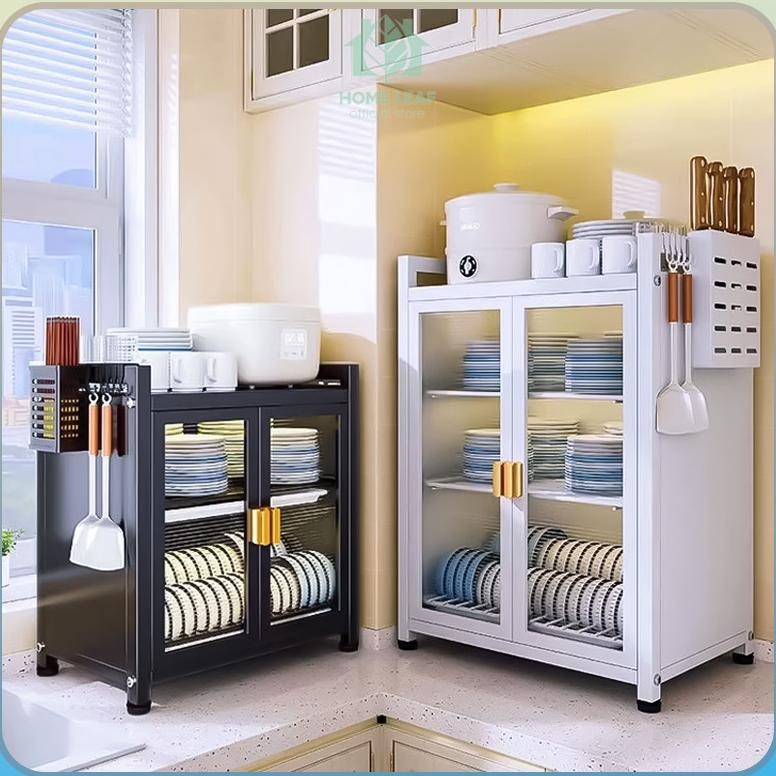 HOME LEAF - Rak Piring Tertutup Modern Stainless Steel | Anti Debu & Anti Gores,  Hitam/Putih (Dish 