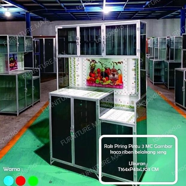 TERLARIS - Rak piring 3 pintu aluminium kaca riben