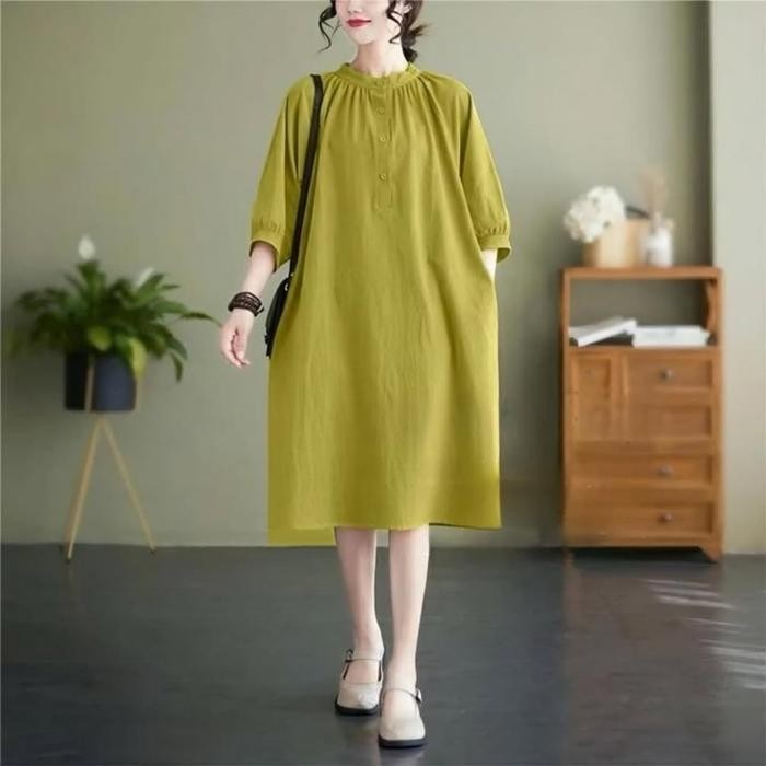 Dd Midi Dress Andara Oversize Bahan Linen Rami Adem || Midi Dress Simple Elegan