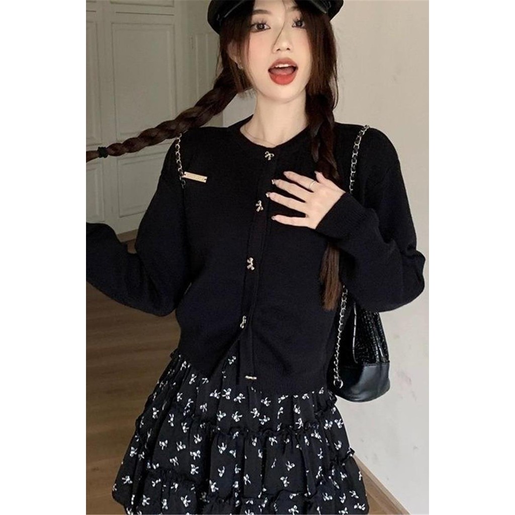 Jaket Sweater Pendek Pita Hitam Prancis untuk Wanita