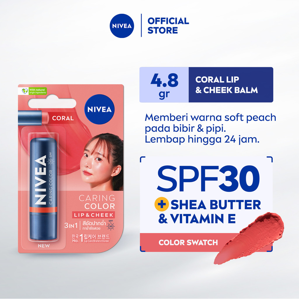 NIVEA Lip Balm Caring Color Coral 3 in 1 SPF 30 4.8gr - Pelembap bibir warna nude tinted pigmented m