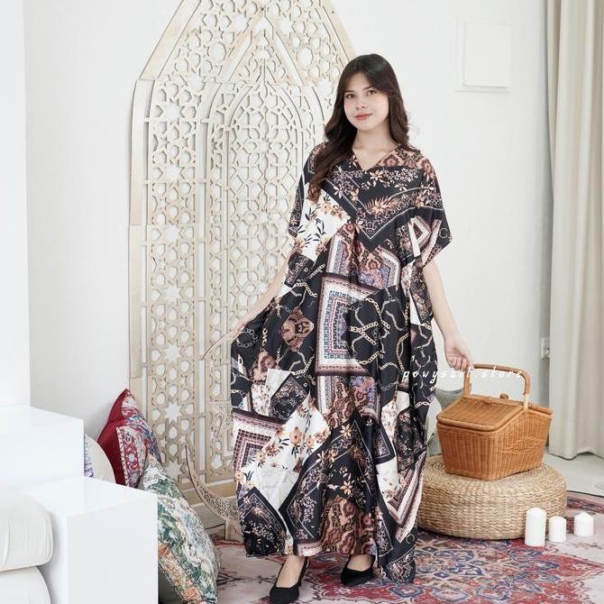 Kaftan Powysuit Lebaran Muslim wanita Motif Satin Silk Dress Jumbo 2025