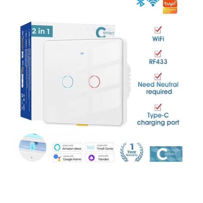 Tuya Rf433 Wifi Smart Switch  Dengan Usb Type-C  Rf 433 Smart Home Light Touch Wall Switch 1 Gang 2 