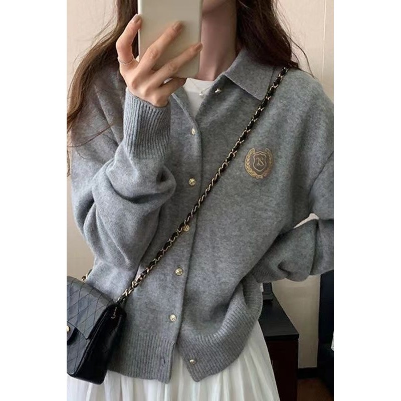 Bordir abu-abu POLO Jaket Sweater Kerah Turun Wanita