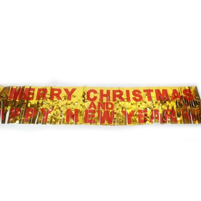 (Allthebest) Banner Rumbai Hari Natal Tahun Baru Emas Merah Gold 170 cm Metalik 17m