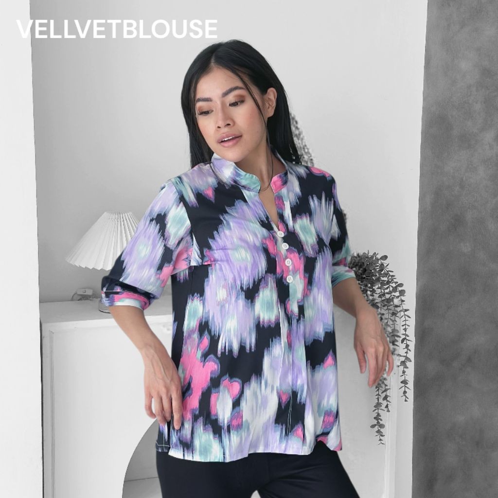 Vellvetblouse Blus Atasan Top Wanita Lengan 7/8 Motif Rainbow Twiscone