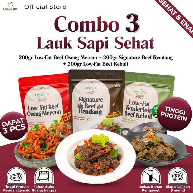 

COMBO 3 LAUK SAPI SEHAT | Beef Oseng Mercon + Signature Beef Rendang + Beef Kebuli |