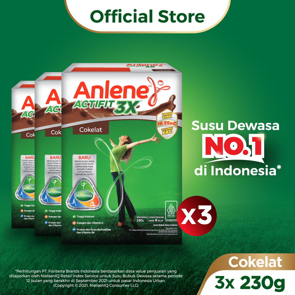 

Anlene Actifit 3X Susu Bubuk Dewasa Cokelat 3 x 230g - Nutrisi Tinggi Kalsium Untuk Tulang, Sendi, dan Otot