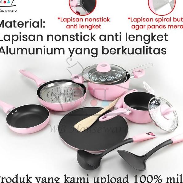 Panci Set Supra 12Pcs Wajan Set Penggorengan Anti Lengket Supra Cooare Set 12Pcs Pastel Pink Rosemar