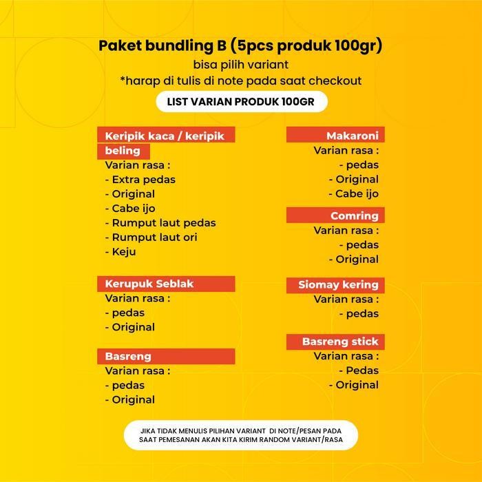 

CCF PROMOO!! PAKET BUNDLING B (5 PCS PRODUK 100GR) KERIPIK KACA,BASRENG,SIOMAY,MAKARONI,KERUPUK SEBLAK,COMRING (BISA MIX!)