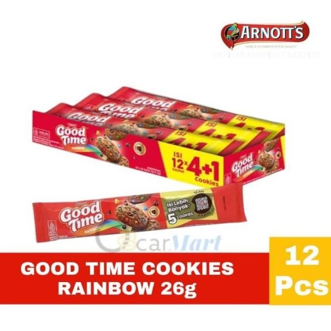 

Good Time Rainbow Choco 1 Dus Isi 12x5pcs @26gr - Cookies Warna-warni Stok Terbatas