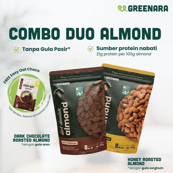 

Bundle Combo Almond - Greenara Dark Chocolate Almond 120G Dan Honey Roasted Almond 120G Pasti Promo