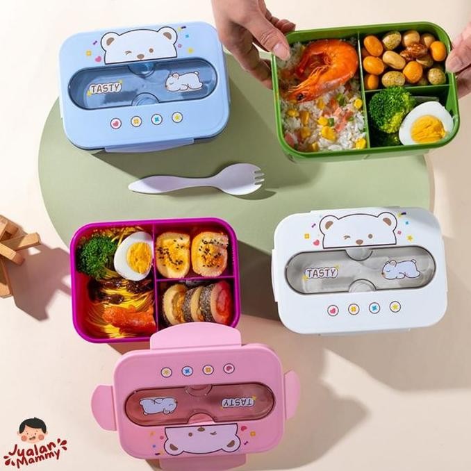 Lunch Box 3 Sekat Kotak Bekal Anak Motif Beruang Free Sendok - Kitchenware Kotak Makan Plastik Set