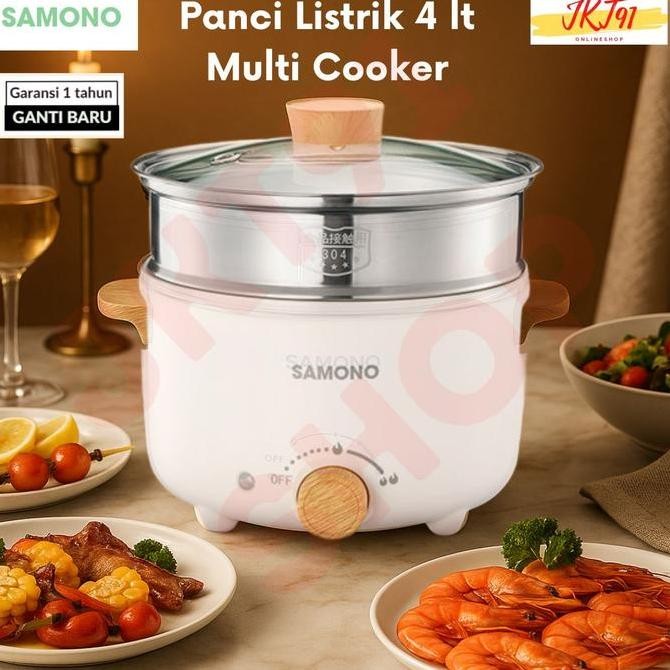 Panci Listrik Samono 4 Liter Teflon Keramik Kukusan Penanak Nasi Stainless Multi Fungsi Rice Cooker 