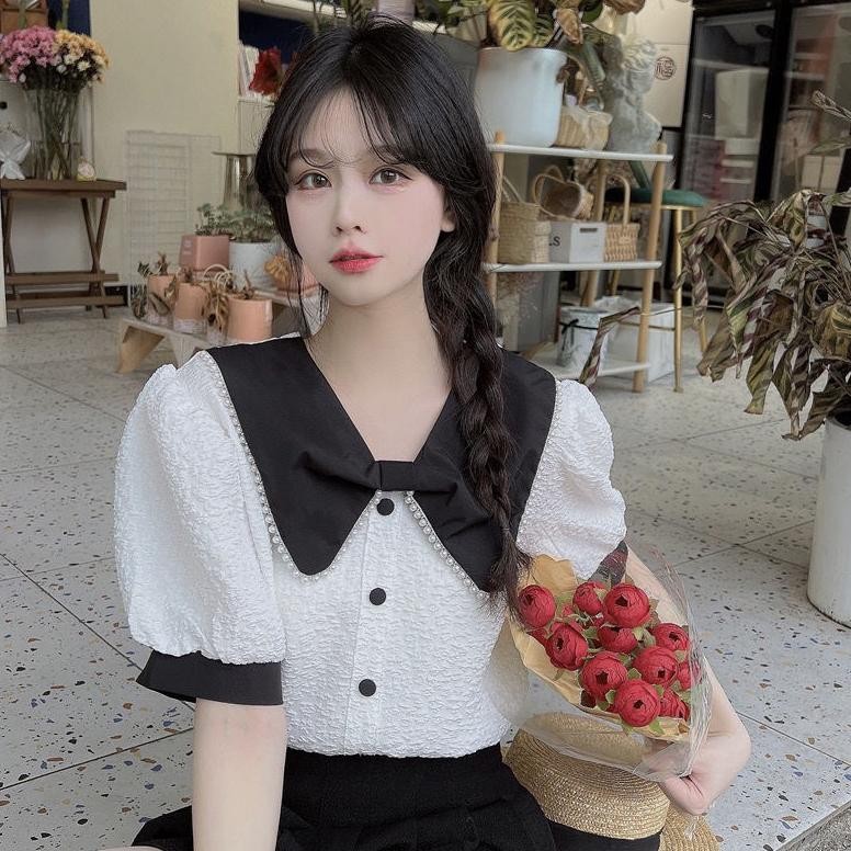 DV83 }} Yikoo-Blouse Korea Dasi Busur Temperamen Blus Atasan Wanita