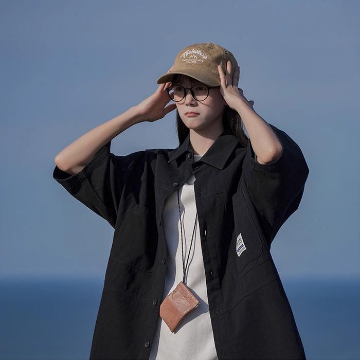 ST Kemeja pria Lengan Pendek oversize hijau kemeja hitam style Kemeja Polos Lengan Pendek t shirt ke