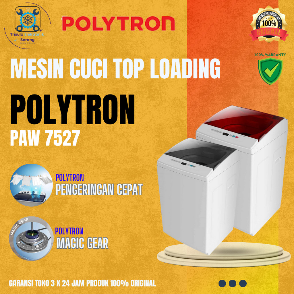 Polytron Mesin Cuci PAW 7527 / PAW7527,  1 Tabung 7.5Kg Smart Eco System Desain Elegan