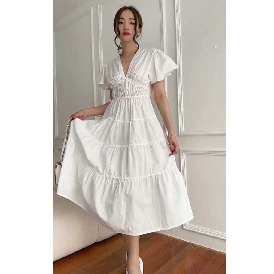 MEGAN midi dress wanita rok susun leher v tangan pendek korean style bahan rayon twill
