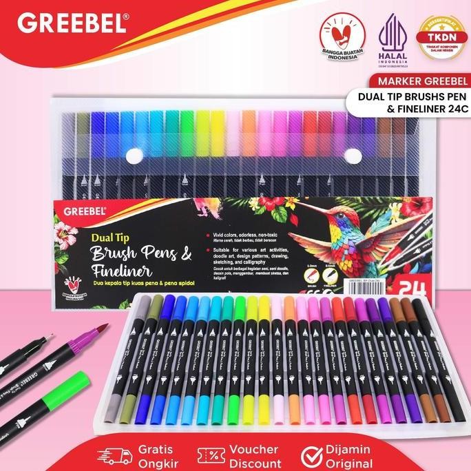 

HOT SALE! GREEBEL Dual Tip Brush Pen Color / 24 Warna / Pena Kuas Warna / Spidol Set Marker Drawing Pen