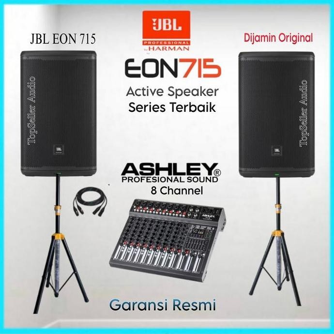 PAKET SOUND SYSTEM SPEAKER AKTIF JBL EON 715 ORIGINAL MIXER ASHLEY 8 CHANNEL USB REKAM BLUETOOTH GAR