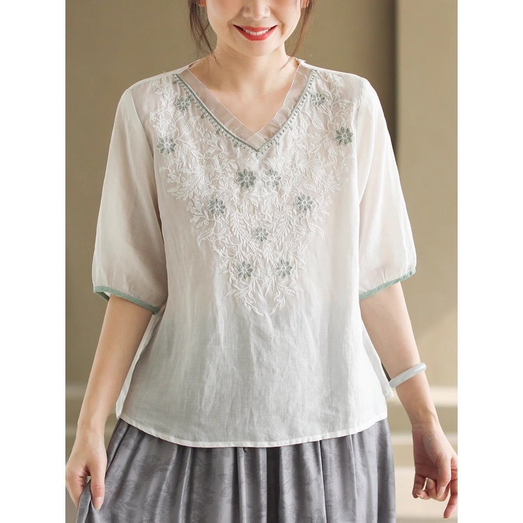 Kain Katun Linen Bordir Wanita Berkualitas Tinggi V Kerah T Baju Kaos Patchwork Organza Lima Lengan